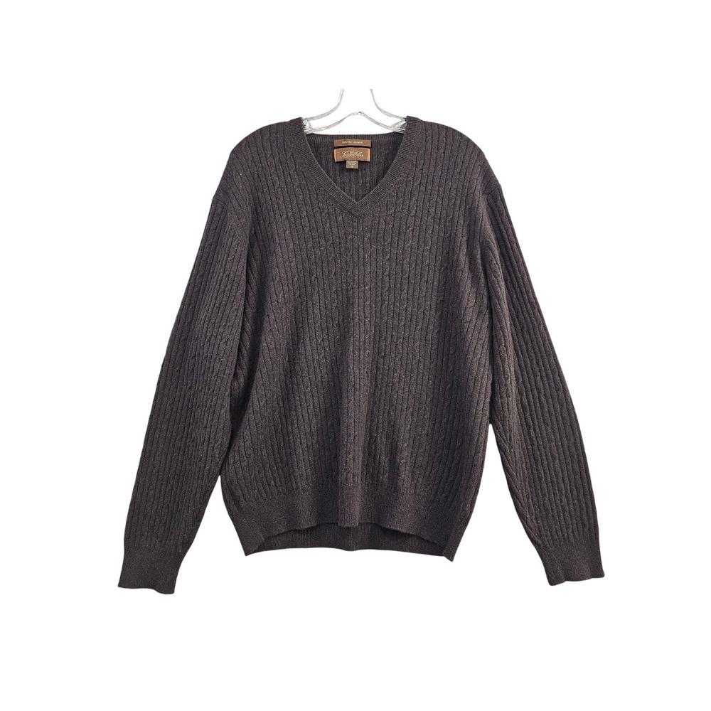 Tasso Elba Sweater Mens Medium Brown Solid Ribbed V-Neck 100% Fine Cashmere Knit